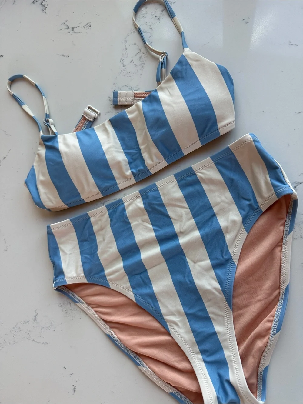 J Crew Blue White Fairfax Stripe Bikini Top & High-rise bottoms Size Small